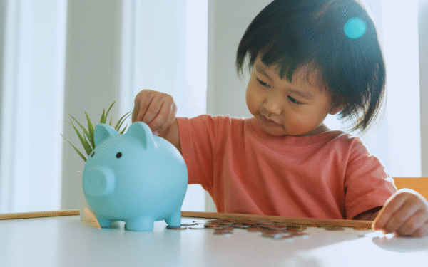 Child putting money in a piggy bank to symbolize saving in in Trump Accounts